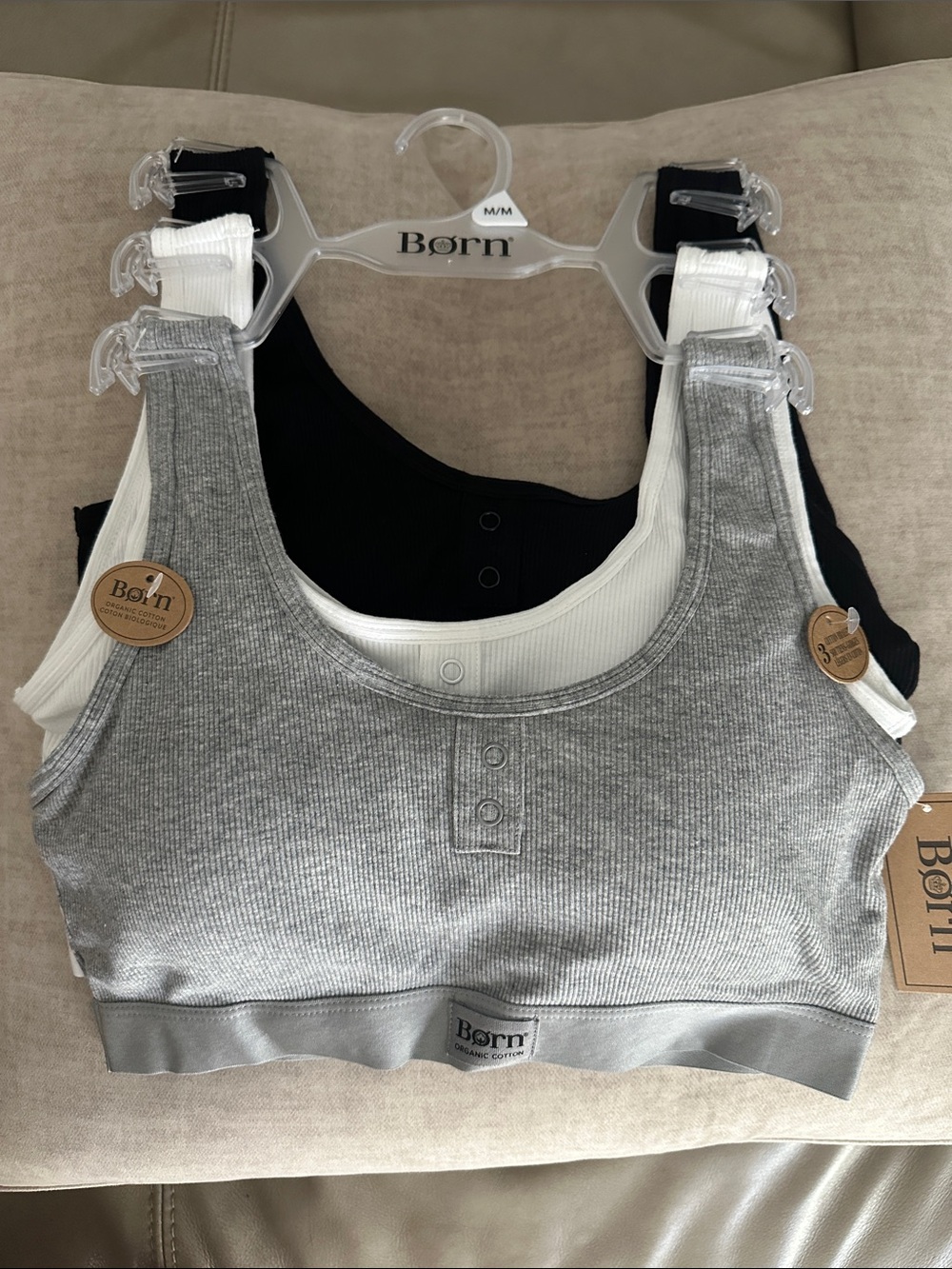 Born Organic Cotton Ribbed Scoop Bralette 3-Pack in Gray, White, Black